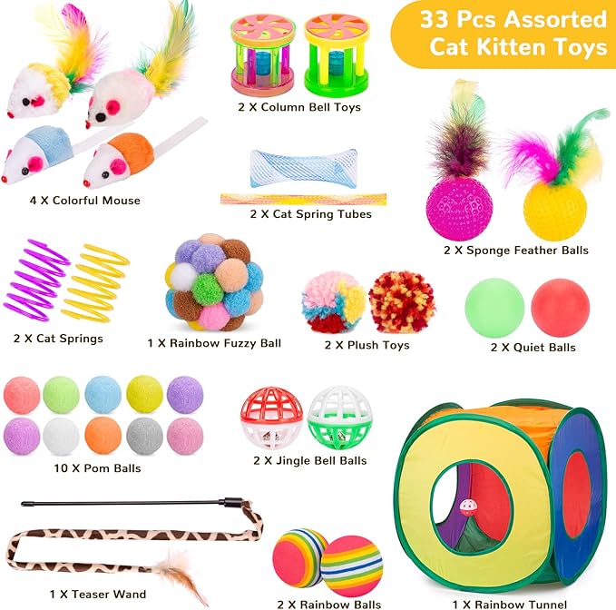 Retro Shaw Cat Toys Packs 33Pcs, Interactive Kitten Toys for Indoor Cats Kitty with Collapsible Play Tunnel Tube Tent Feather Wand Teaser Bell Fuzzy Ball Springs Mouse Toy