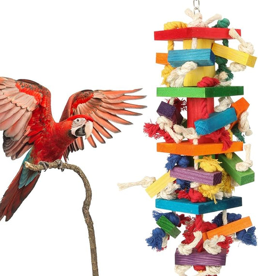 GATMAHE Macaw Toys, Extra Large Parrot Toys, Bird Toys for Parrots African Grey, Amazon Parrots, Parakeet Natural Wooden Block Toy for Climbing, Chewing, Unraveling and Preening (Large)