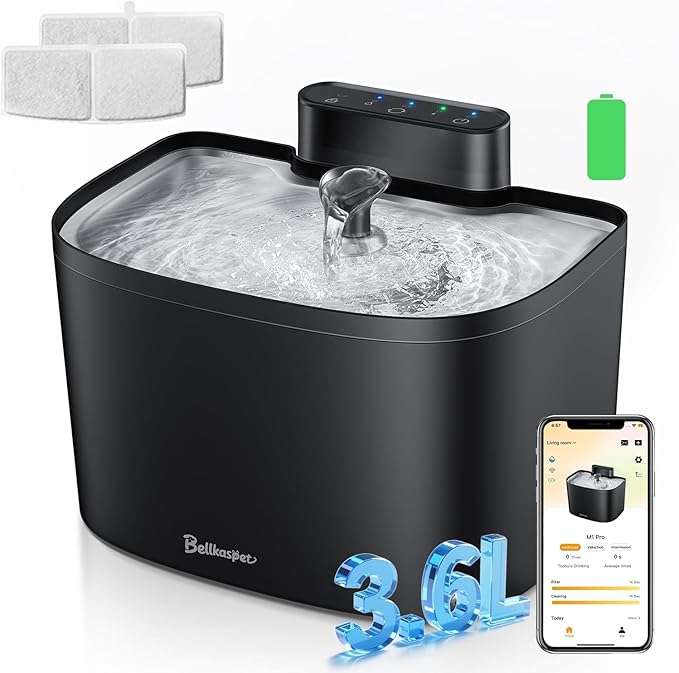 Cat Water Fountain, App Control Wireless Cat Fountain, 122oz/3.6L Pumpless Water Fountains for Cats Indoor with Stainless Steel Tray, Wi-Fi Dog and Pet Water Fountain (Black, Fountain+2 Fliters)