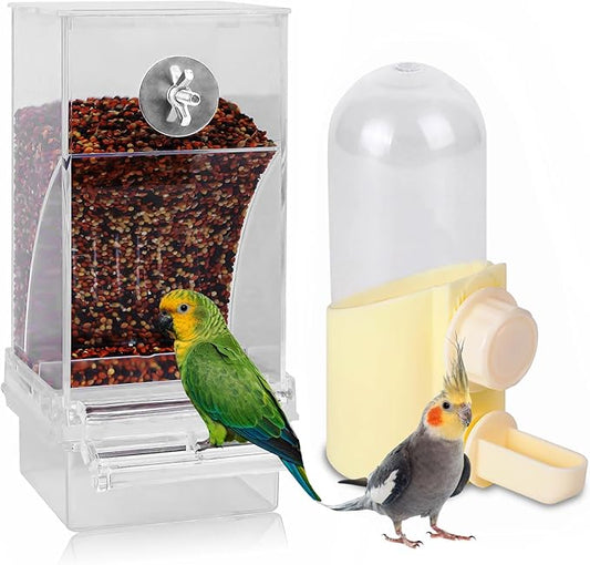 Automatic No Mess Bird Feeder & Water Dispenser for Cage, Parakeet Cage Accessories, Bird Water Feeder for Parrots Cockatiels Budgies Finches Canaries
