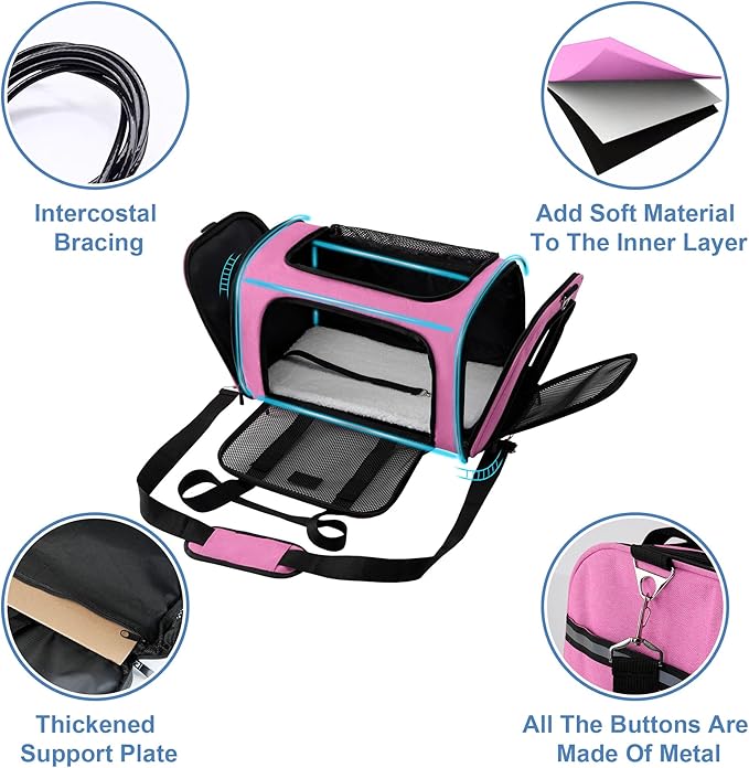 Soundy Large Cat Carrier Dog Carrier Under 25 Lbs,Collapsible Ventilated Portable Pet Bag with Soft Sided Breathable Mesh for Long Car Trips Maxi Load 2 Kittens or Small, Medium Dog (Large Pink)