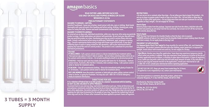 Amazon Basics Flea and Tick Topical Treatment for Large Dogs (45-88 pounds), 3 Count (Previously Solimo)