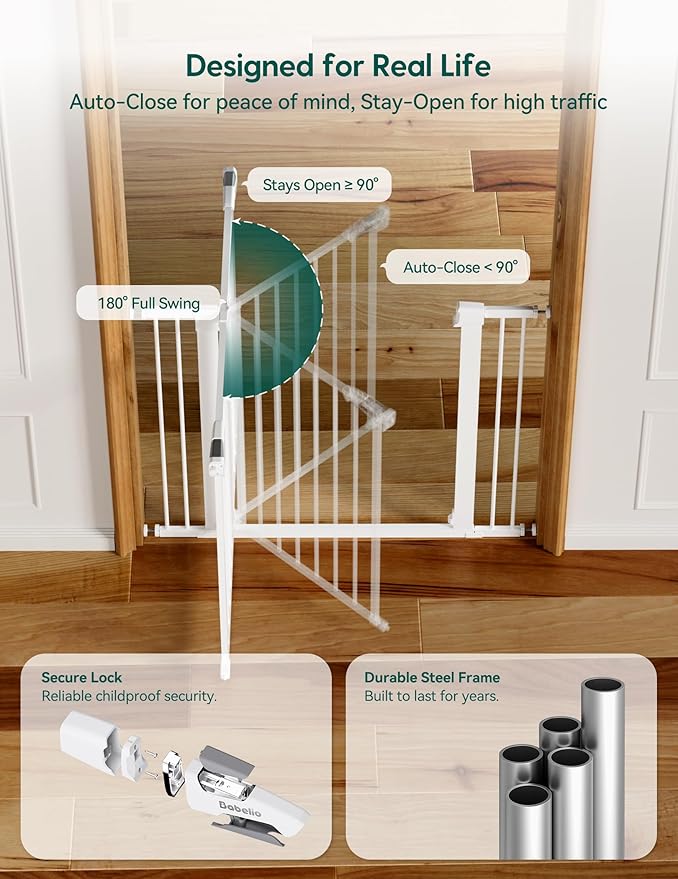 Babelio Metal Baby Gate, 29-48“ Auto Close Easy Install Pet Gate, Extra Wide Walk Thru Child Safety Gate, Pressure Mounted Dog Gate for Doorways & Stairs, with Y Spindle Rods, White