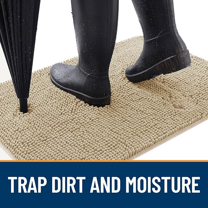 OLANLY Dog Door Mat for Muddy Paws 30x17, Absorbs Moisture and Dirt, Absorbent Non-Slip Washable Doormat, Quick Dry Chenille Mud Mat for Dogs, Entry Indoor Entryway Carpet for Inside Floor, Beige