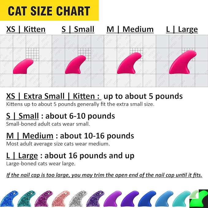zetpo 12 Colors / 120 pcs Cat Claw Covers | Cats Nail Caps with Adhesives and Applicators (L)