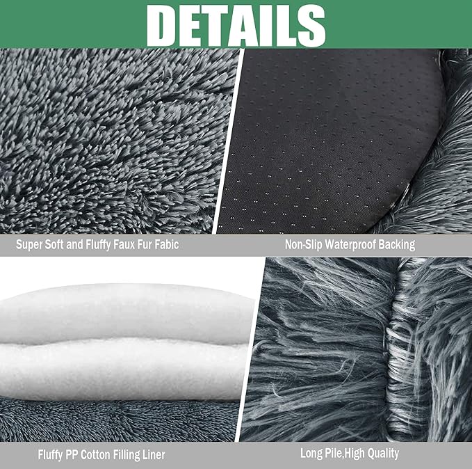 Calming Faux Fur Dog Beds Calming Donut Cuddler Dog Bed Washable Round Cat Bed Pillow Cuddler Fluffy Indoor Dog Calming Beds with Anti Slip Bottom Solid Color Black 35 Inch