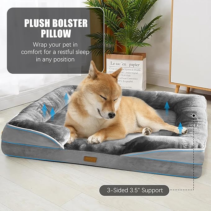 Orthopedic Dog Bed with Sides - Dog Sofa Beds for Large Dogs, Supportive Foam Pet Couch Bed with Washable Removable Cover, Waterproof Lining and Non-Slip Bottom, Grey - L