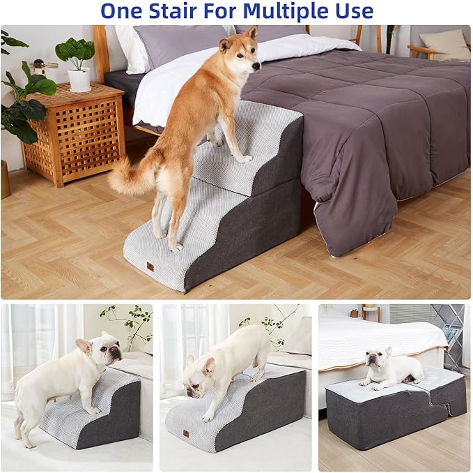 Pettycare Dog Stairs Ramp for High Beds and Couch,Curved Dog Steps for Small Pets, Pet Stairs Non-Slip Balanced Portable Puppy Ramp Indoor, 4 Steps,Grey