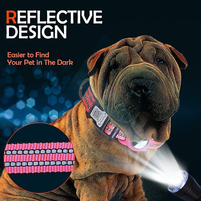 Reflective Dog Collar with Apple AirTag Holder & QR Code Pet ID Tag,Soft Nylon Adjustable Dog Tracker Collar with Safety Lock for Large Dogs(Rose Red, L)