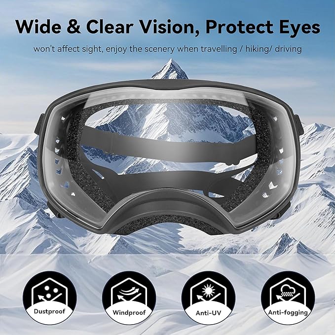 Dog Sunglasses UV Protection Clear Dog Goggles Windproof Glasses with Elastic Straps for Medium-Large Breed, Black Frame + Clear Lens