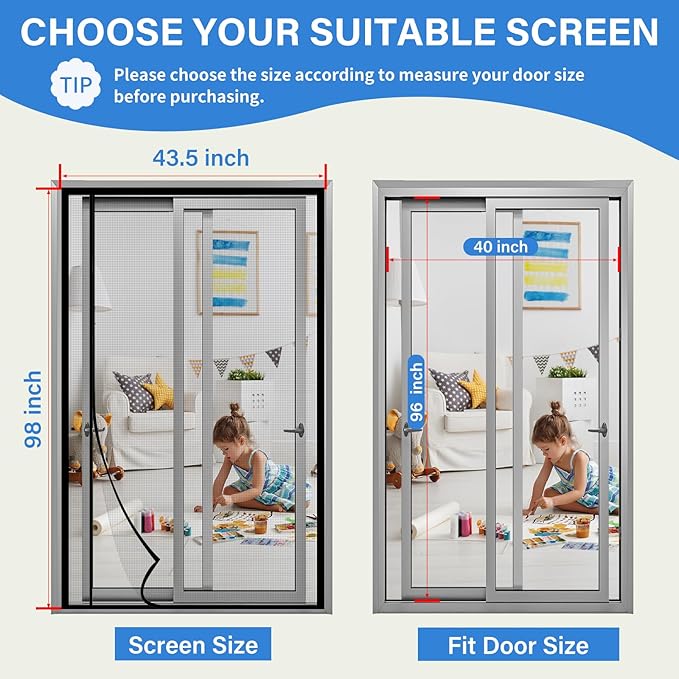 Magnetic Screen Door Left Right Side Opening Upgraded PET Mesh Greater Than Fiberglass and Polyester,Keep Bugs Out,Pet & Kid Friendly,Suitable for Sliding Doors,Patio French Doors-40" X 96"