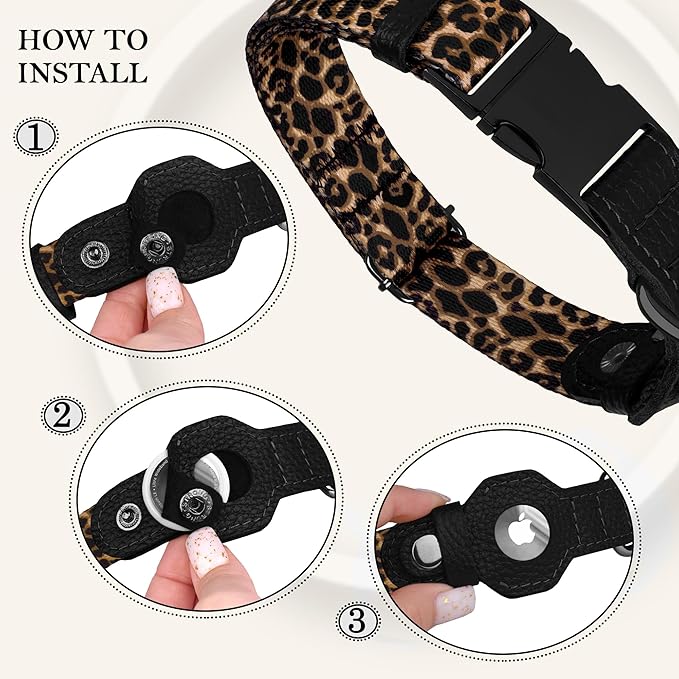 AirTag Dog Collar for Small Medium Large Breed - Adjustable Cute Pattern Dog Collar with Airtag Holder - Soft Leather Tracker GPS Apple Air Tag Pet Collars (Medium, 14"-18" Neck Fit, Leopard)