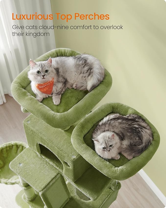 Feandrea Cat Tree, 81.1-Inch Large Cat Tower with 13 Scratching Posts, 2 Perches, 2 Caves, Basket, Hammock, Pompoms, Multi-Level Plush Cat Condo for Indoor Cats, Green UPCT190C01