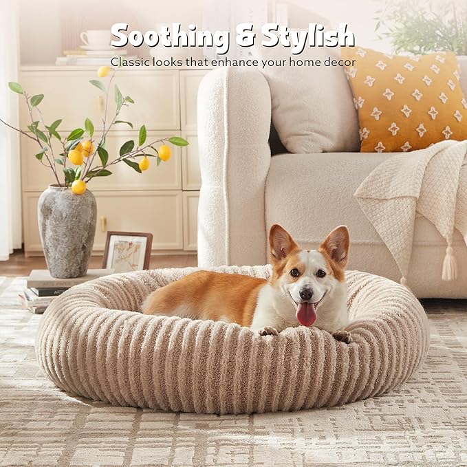 MIXJOY Dog Beds Large Sized Dogs, Washable Dogs Bed with Removable Cover, Cozy Donut Dog Ded Fluffy Plush Faux Fur Pet Bed with Anti-Slip Bottom, 36"x36"x10", Beige