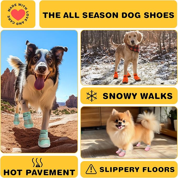 Hcpet Dog Shoes for Large Dogs, Breathable Dog Booties for Small Medium Dogs, Anti-Slip Dog Boots & Paw Protectors for Hot Pavement Winter Snow Hiking with Reflective Straps Orange Size 3
