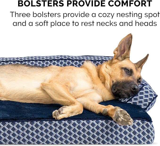 Furhaven Memory Foam Dog Bed for Large Dogs w/ Removable Bolsters & Washable Cover, For Dogs Up to 125 lbs - Plush & Woven Decor Comfy Couch Sofa - Diamond Blue, Jumbo Plus/XXL