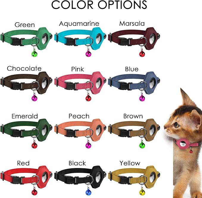 Breakaway Airtag Cat Collar with Removable Bell - Leather Pet Collar with Apple Air Tag Holder - Adjustable GPS Collars for Girl Boy Cats Kitten Puppy - Lightweight, Cute and Comfortable (Burgundy)