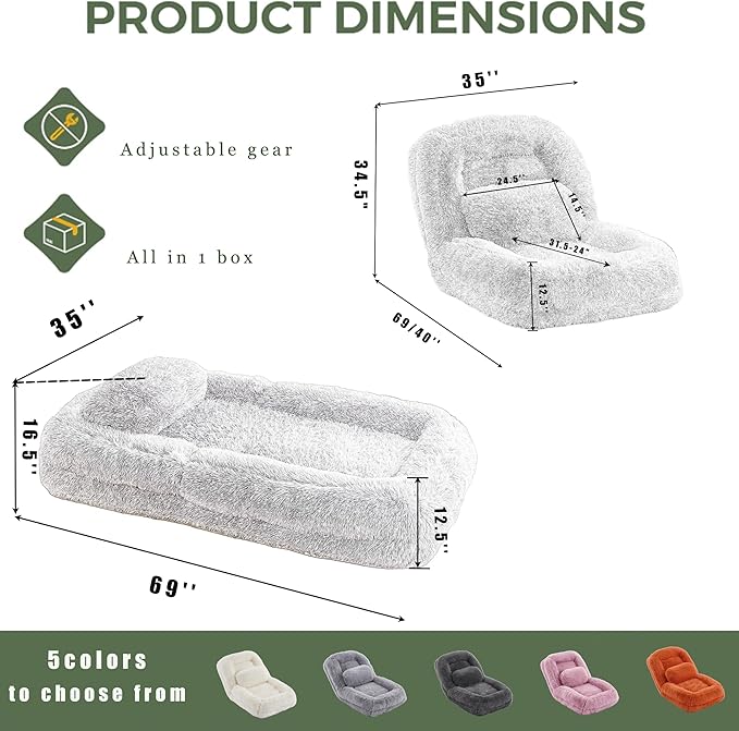 Human Dog Bed for Adult and Kids, Comfy Foldable Lazy Floor Sofa Bed with 5 Adjustable Position, Orange Upholstered Floor Bean Bag Lounger Chair for Bedroom, Living Room,Office (Orange)