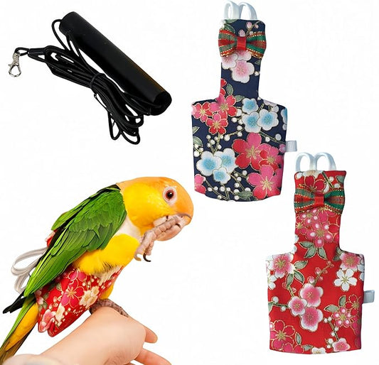 2Pcs Bird Diapers Bird Harness Flight Suits with 80in Flying Leash Reusable Parrot Nappy with Waterproof Inner Layer Urine Wet Suite for Cockatiel Budgie Conure Parakeet Lovebird-Red&Black