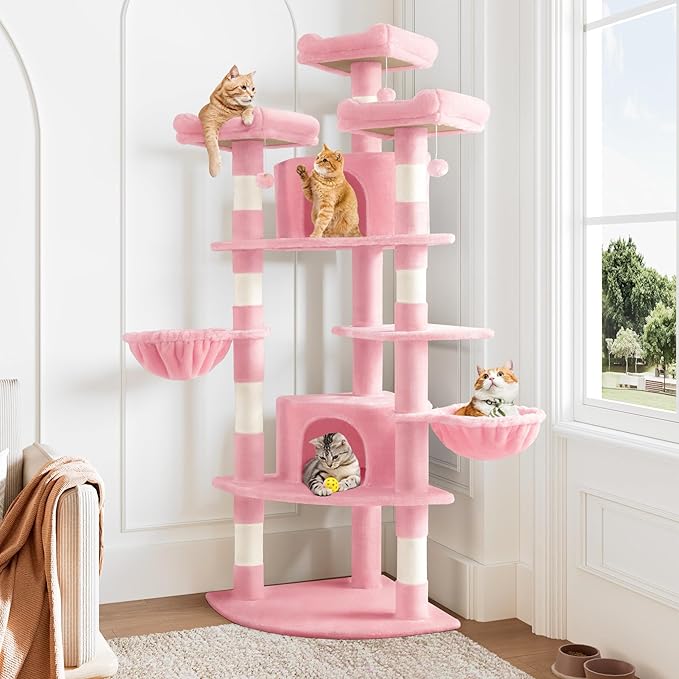Allewie 73in Fan-Shaped Space-Saving Corner Cat Tower/Multi-Level Tall Cat Tree for Indoor Kitties/Cozy Baskets/Condos/House/Perches/Sisal Scratching Posts/Pet Activity Center/Pink