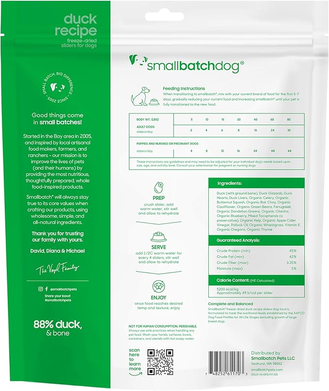 smallbatch Pets Freeze Dried Raw Dog Food, Duck Recipe, 14 oz, Organic High Protein Dog Food, Grain Free, Made in The USA, Humanely Raised Meat, Single Protein, for Picky Eaters, Hydrate & Serve