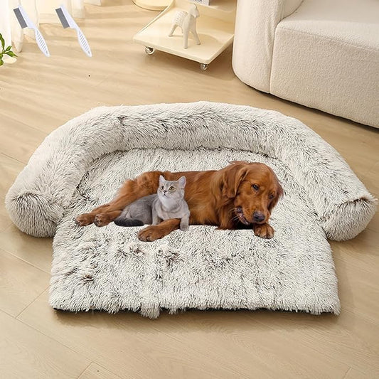 Dream Cloud Pet Sofa Bed for Dogs Cats, 2026 Washable Removable Calming Fluffy Plush Mat for Furniture Protector, Long Fur Non-Slip, for Small/Medium/Large Home Pets (Coffee, M: 33.5 * 28.3IN)