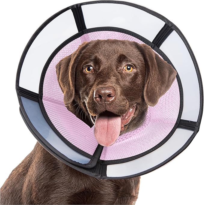 Soft Dog Cone Collar, Comfortable Pet Recovery Neck Collars After Surgery for Large Medium Dogs, Plastic Breathable Elizabethan Dog Head Circle Stop Licking, Adjustable Cones 28cm Long (ML Pink)