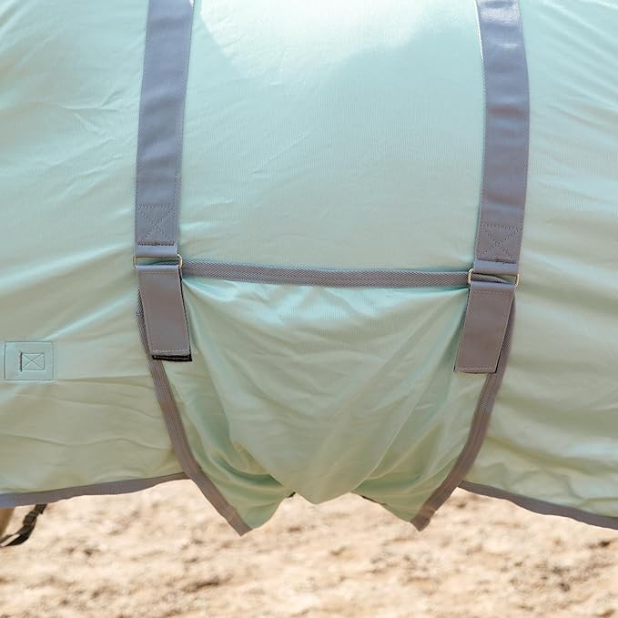Horse Fly Sheet with Detachable Neck Cover & Belly Wrap, Adjustable Fly Sheet for Horses, Ventilated Airflow Mesh Equine Cooling Summer Flysheet Green 66
