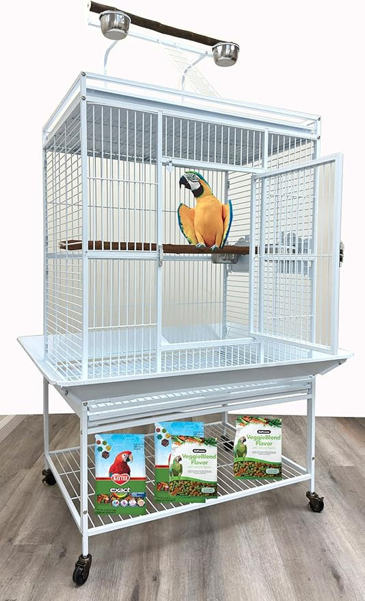 Extra Large Elegant and Durable Wrought Iron Climging Ladders Perch Stand Play Top Ground Bird Parrot Rolling Metal Cage, Include Seed Guard (White Vein, 32" x 23" x 69"H)