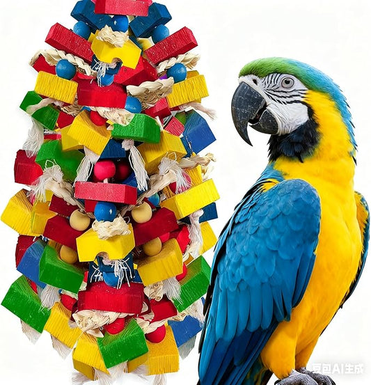 Parrot Toys for Large Birds, Multicolored Wooden Blocks Bird Chewing Toy Parrot Cage Bite Toy for Macaws Cokatoos African Grey and Large Medium Parrot Birds (Block)