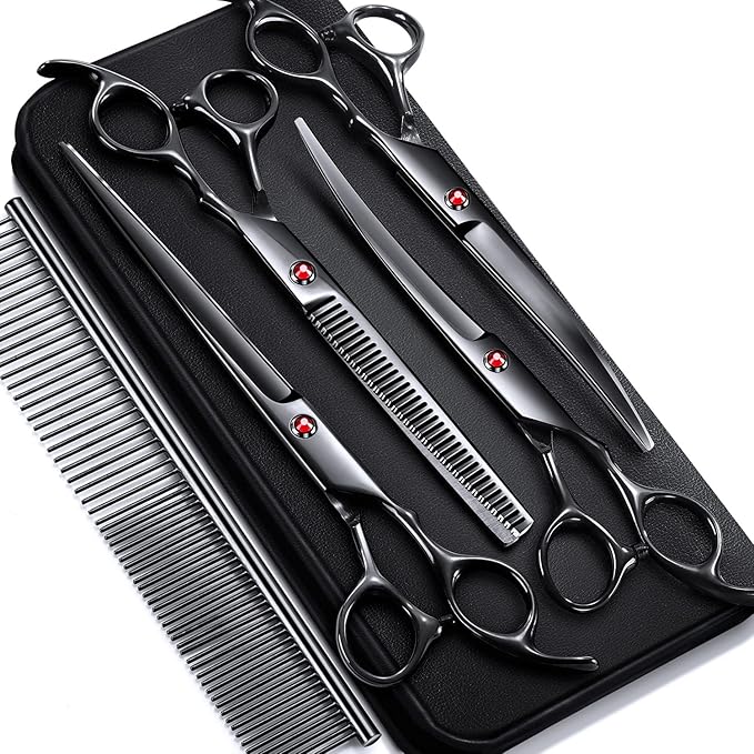 Gimars 7.0in Professional 4CR Stainless Steel Safety Round Tip 6 in 1 Dog Grooming Scissors Heavy Duty Titanium Coated Pet Grooming Scissor for Dogs, Cats and Other Animals