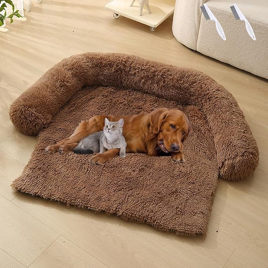Dream Cloud Pet Sofa Bed for Dogs Cats, 2026 Washable Removable Calming Fluffy Plush Mat for Furniture Protector, Long Fur Non-Slip, for Small/Medium/Large Home Pets (Brown, S：27.6 * 24in)