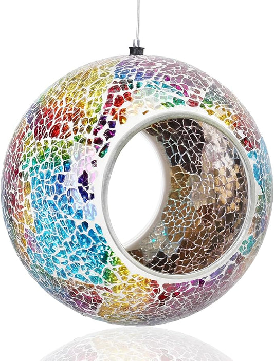 Yinns Mosaic Bird Feeder- Fly Through Glass Bird Feeders for Outside Hanging with Round Shape Glass Container Wild Birdfeeder for Garden Decor, 6.5 Inch Multicolor