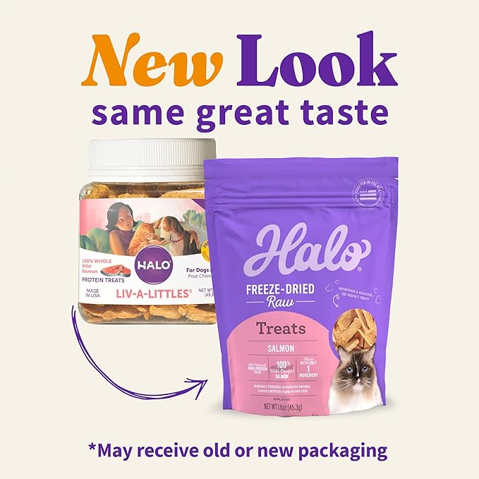 Halo Freeze Dried Raw Cat Treats, 100% Wild Caught Salmon Recipe, Cat Treats Pouch, All-Natural High Protien Treat, 1.6 Oz Pouch