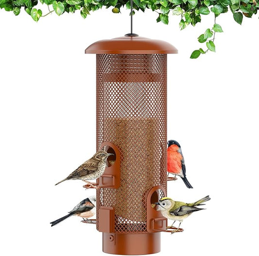 Metal Squirrel Proof Bird Feeder,Bird Feeders for Outdoors,Weight Activated Squirrel Proof Wild Bird Feeders with Finch Cardinal Chickadee,Large Capacity,Weatherproof and Durable,Reddish Brown