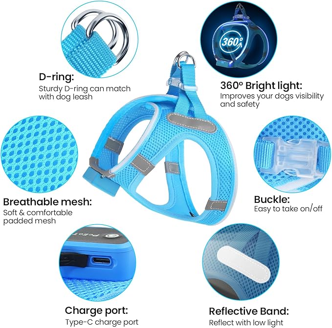 PceoTllar Light Up Dog Harness, LED No Pull Reflective Dog Harness, Flashing Lighted for Night Walking - Small/Medium, (Blue L)