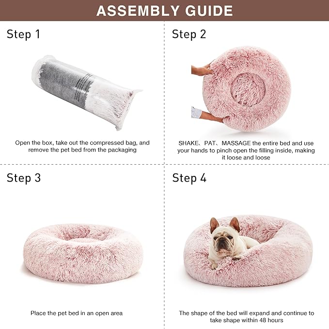 Love's cabin Calming Cat Bed for Indoor Cats, Anti-Anxiety Donut Round Dog Bed, Fluffy Faux Fur Washable Pet Bed for Small Medium Dogs and Cats,Pink,20in