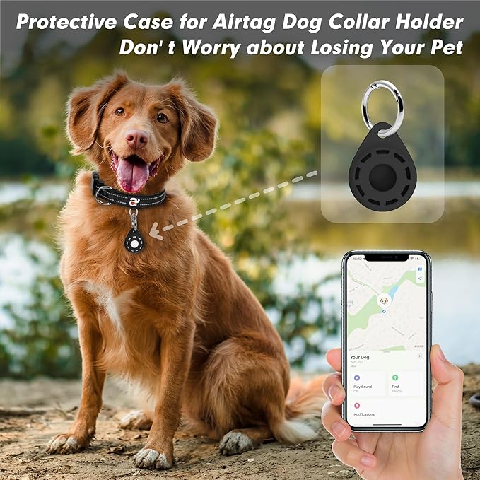azuza Reflective Dog Collar with Airtag Holder, Soft Neoprene Padded Pet Collar with ID Tag Ring, Adjustable for Small Dogs,Black,L