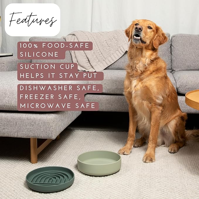 The Slowdown Bowl Silicone Slow Feeder for Dogs & Puppies, Slow Eating, Modern Lick Mat Design, Reduces Gulping, Fits 2.5 Cups 9.5” Across x 1.5” Tall, Mealtime Challenge, Large-Spruce