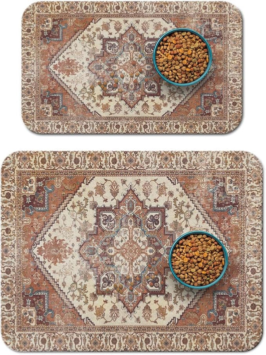 2 Pack Dog Food Mats for Floors, Absorbent and Quick-Drying Pet Cat Food Mat,Anti-Fouling and Easy-to-Clean Pet Feeding Mat,Dog Bowl Mat for Messy Drinking Water Bowls.12 x20+18"x24", Bohemia Style