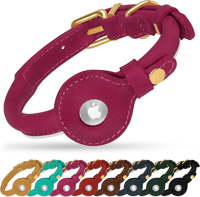 OOPSDOGGY Rolled Leather Dog Collar with Airtag Holder - Reflective Round Airtag Dog Collar - Soft Tracking Pet Collar for Small Dogs Puppy Cats Kitten (Pink, XXS, 7"-9")