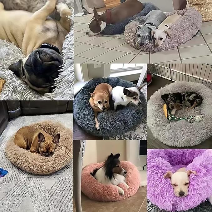 Calming Dog Bed for Small Dogs, Calming Donut Cuddler Pet Bed Anti Anxiety Round Dog Bed Fluffy Plush Faux Fur Cat Bed,Pink,27.5IN