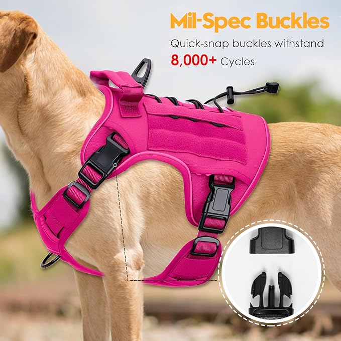 Heavy-Duty Tactical Dog Harness for Large Dogs, No Pull Adjustable Reflective Pet Vest with Molle System, K9 Military-Grade Control for Service Training, Outdoor & 10+ Breeds, Hot Pink, XX-Large