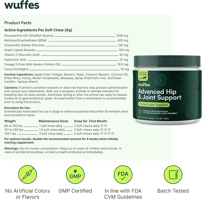 Wuffes Chewable Dog Hip & Joint Supplement - Glucosamine & Chondroitin Chews - Dog Joint Supplements & Vitamins - Extended Joint Care (Large Breed (Over 65 lbs), 90 Chews (Pack of 3))