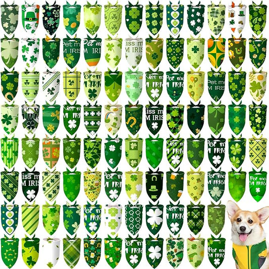 100 Pcs St. Patrick's Day Dog Bandanas Irish Pet Bandanas Bulk Holiday Green Four Leaf Clover Triangle Pet Bibs Scarf for Medium Large Dog St. Patricks Day Irish Festival Costume Decor