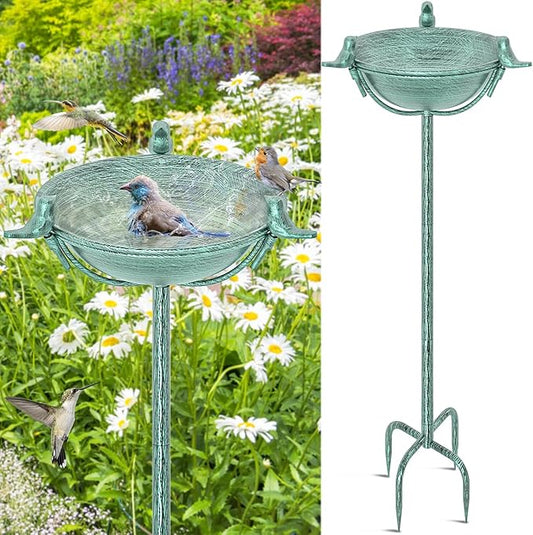 58In Freestanding Birdbaths Bowl Outdoor, Free Standing Garden Bird Bath Feeder Bowl with 3 Bird Statues, Birdbath & Birdfeeder with Metal Stake Garden Yard Lawn Decor (Retro Green)