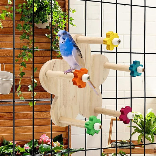 Bird Rotating Perch Toy,Durable Unique Wooden Ferris Wheel Parrot Toys with 5 Perches,Bird Cage Accessories for Parakeet, Cockatiel, Budgerigar,Conures, Lovebirds
