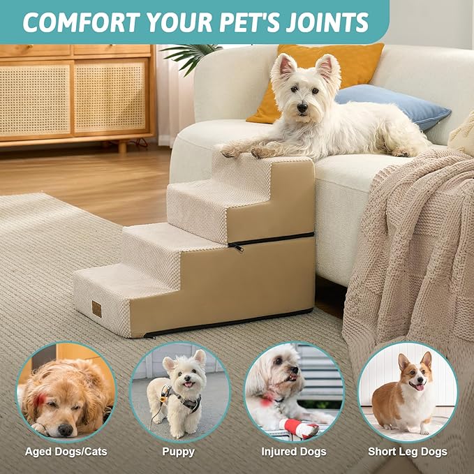 Dog Stairs for Small Dogs, 4 Tier Removable Wider Pet Stairs for Couch and Bed, 17.7" H Dog Steps for Old Cats, Puppy, Small Dogs, 17.7x23.6x17.7 inch, Beige