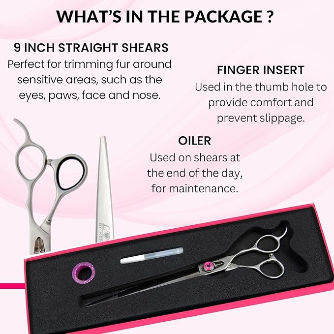 Kenchii Love Dog Grooming Scissors, 9 Inch Straight Shears, Dog Scissors for Grooming, Professional Pet Grooming Scissors, Heavy Duty, Durable and Sharp