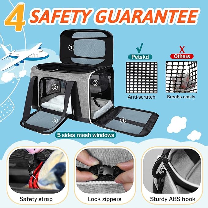 Petskd Top-Expandable Pet Carrier 18x11x11 Inches Delta American United Airline Approved, Soft-Sided Carrier for Small Cats and Dogs with Locking Safety Zippers and Anti-Scratch Mesh(Grey)